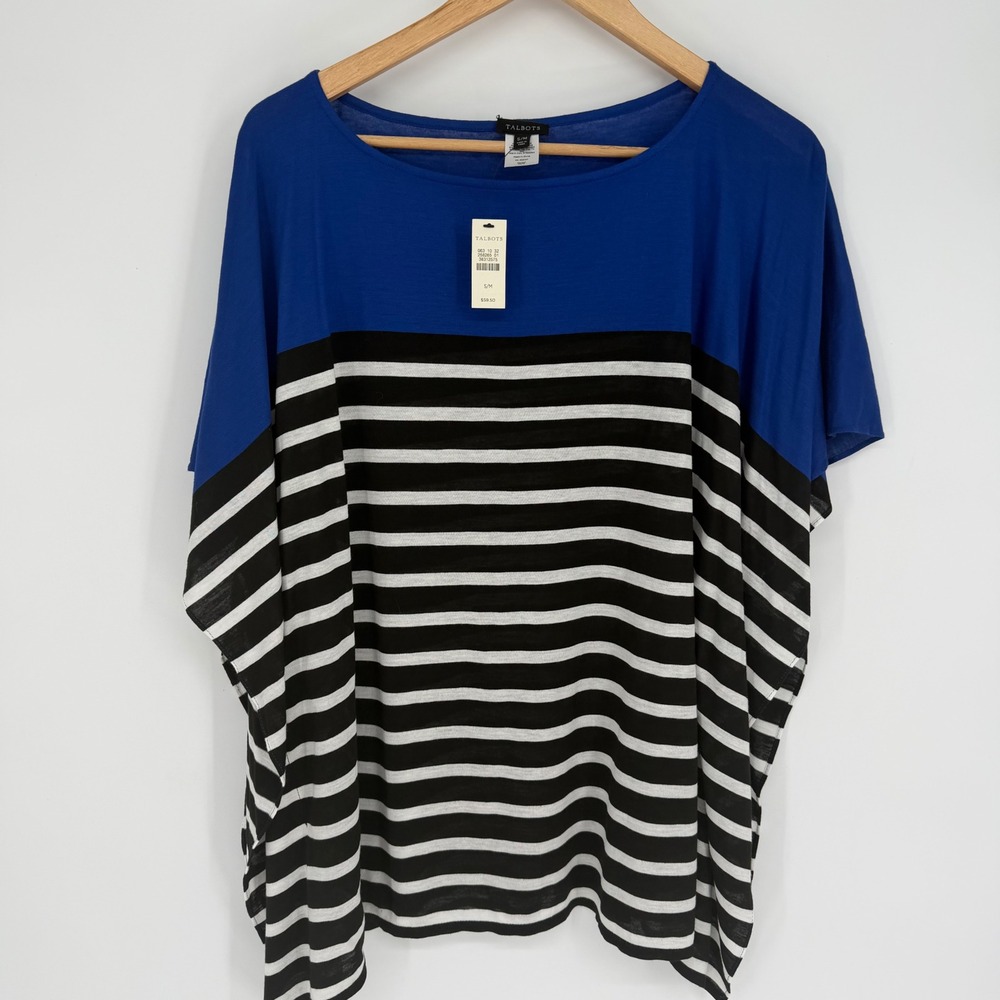 Talbots Womens Blue Black White Striped Colorblock Rayon Top S/M New